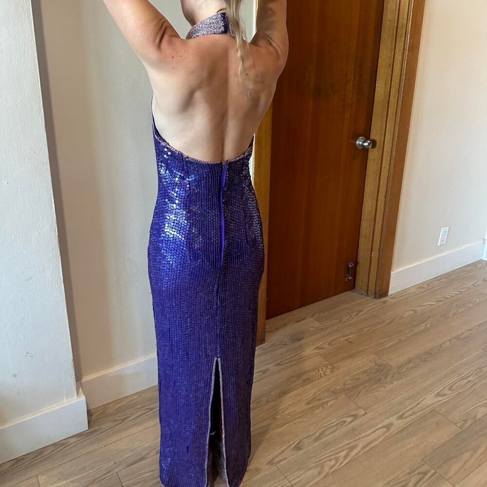 Laurence Kagar Women XS Petite Dress Amethyst Sequin Silk Vintage Backless Gown